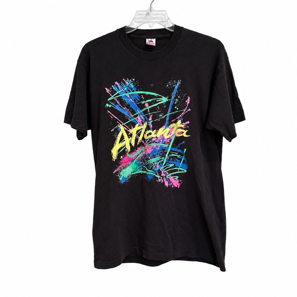 Vintage 90s Atlanta Graphic T Shirt XL Fruit of the Loom Neon Black Made USA